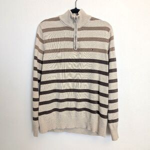 Tommy Hilfiger Half-zip Knit Sweater Pullover Stripe Brown Tan Size Large